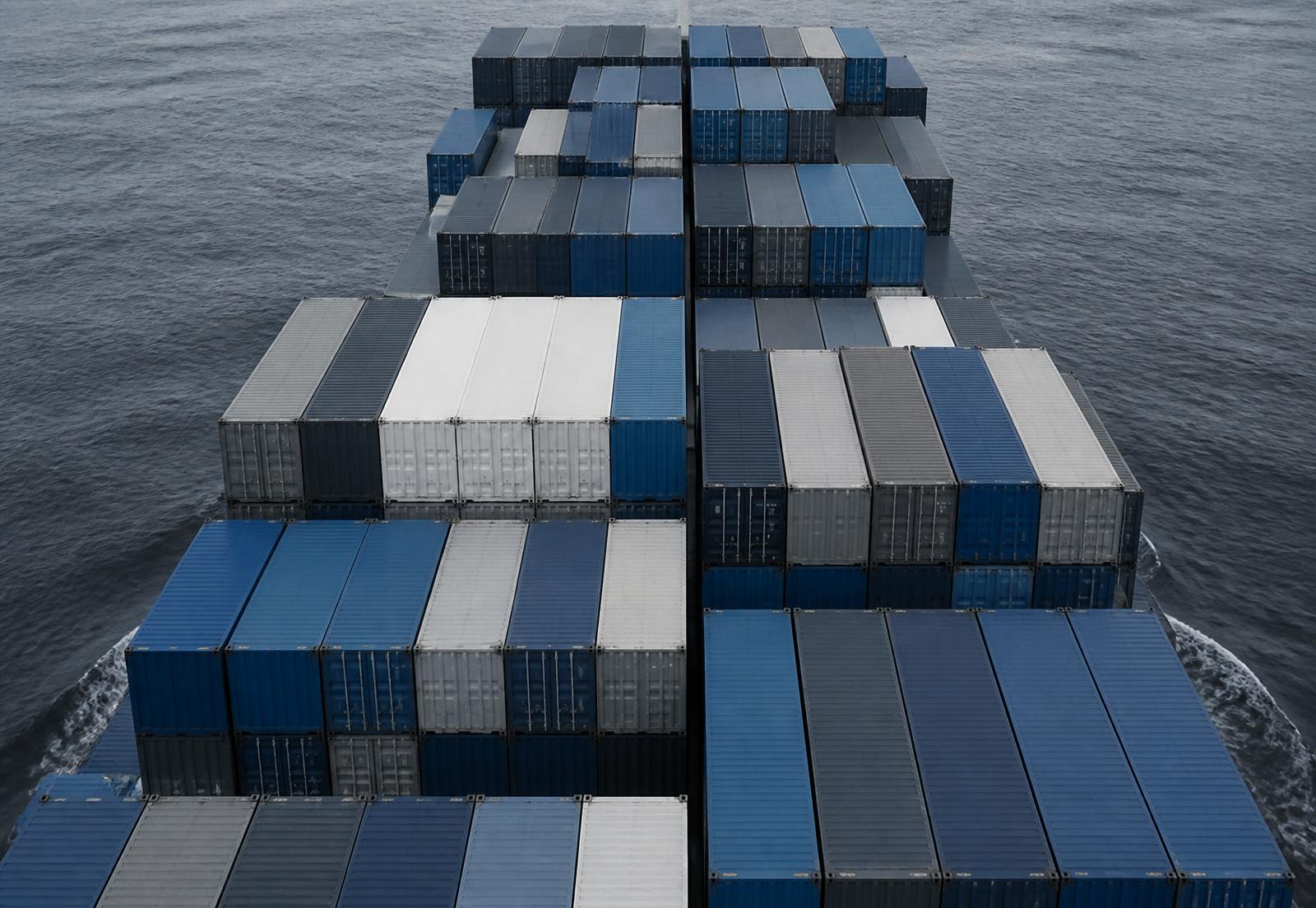 Vue en plongée de conteneurs maritimes empilés sur un navire, image d'illustration du commerce international